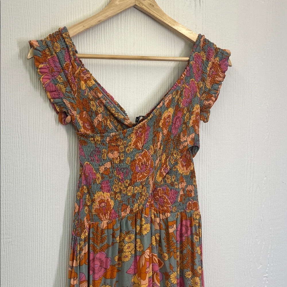 Aakaa - Colorful Floral Smocked Cross Chest Slit Long Maci Dress Size Small - Picture 12 of 12